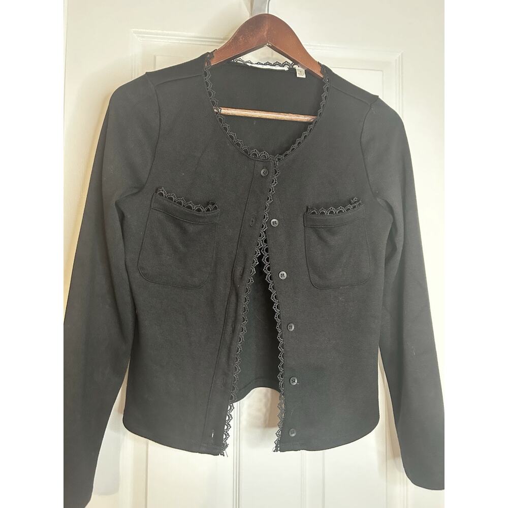 Cyrus NYC Black Lace Trim Button Front Cardigan Women’s Small Stretch Knit